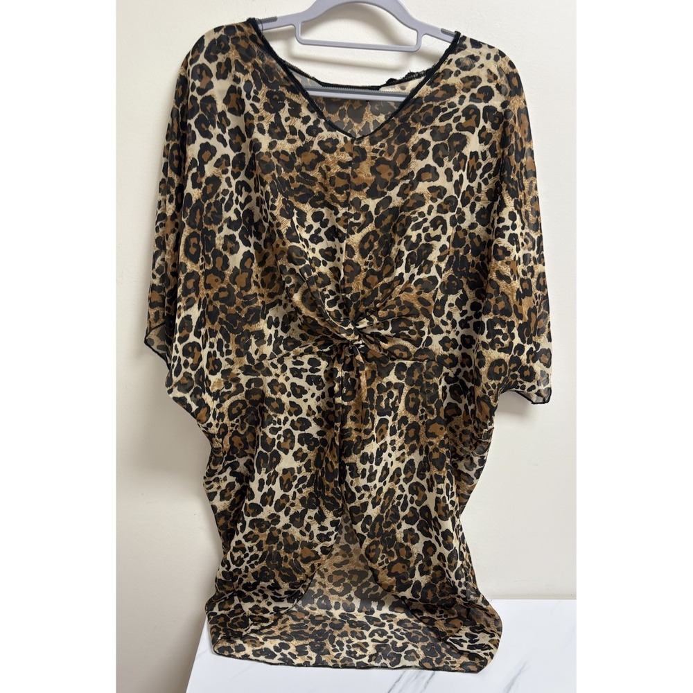 Cha Cha Vente Womens Leopard Print Sheer Tunic Blouse Medium Batwing Sleeve